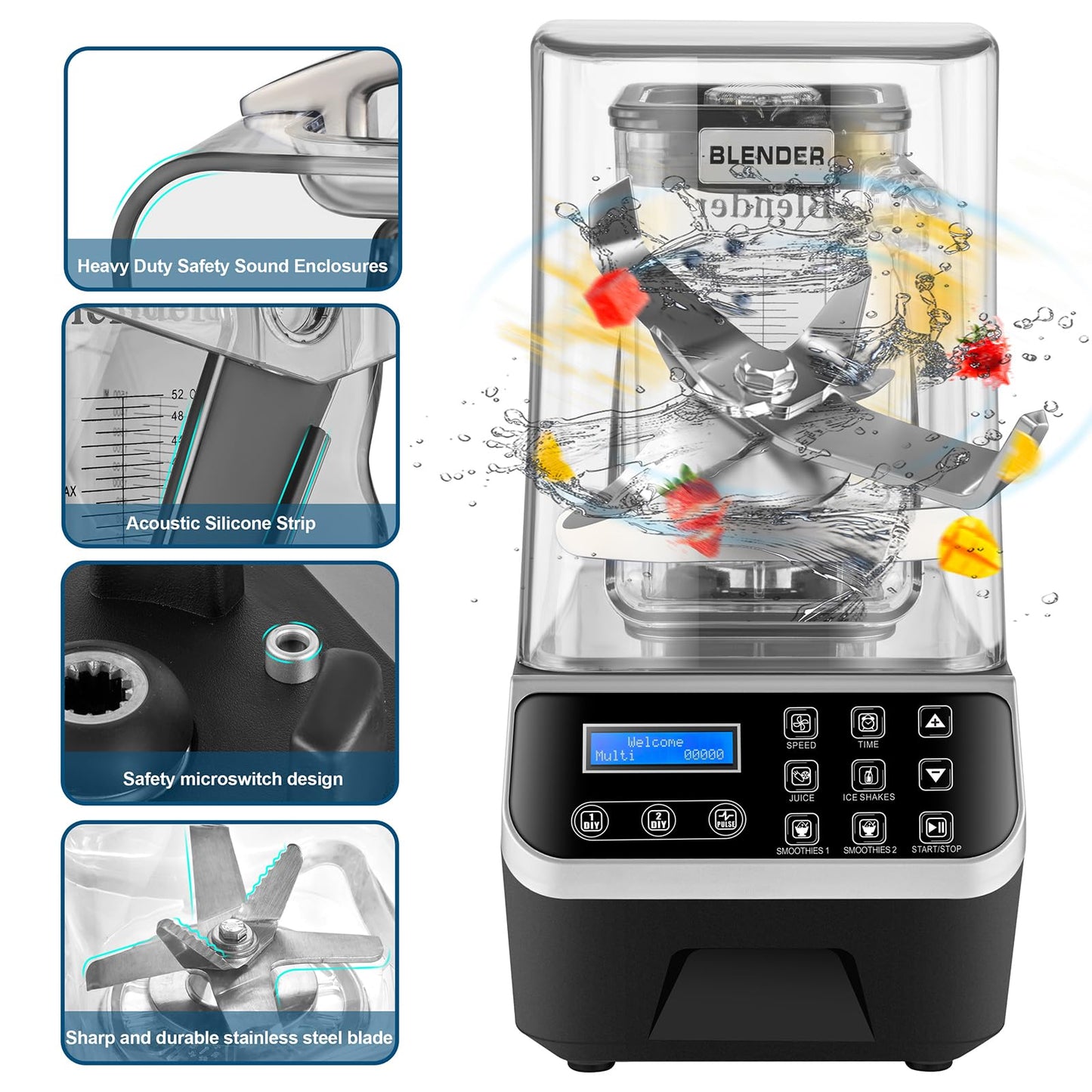 WaterElfo Commercial Blender 2200W 2.1QT 68OZ Quiet Blender Brushless Motors Commercial Smoothies, Frozen Drinks,Self-Cleaning，Electric Countertop Blenders Heavy-Duty,Silver Grey