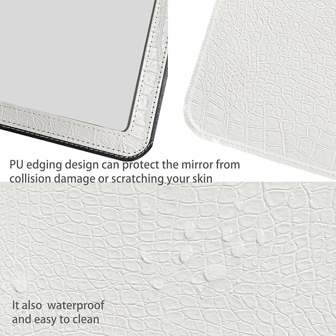 White Foldable Desk Mirror, 5.3×6.9” Adjustable Angle Rounded Rectangle PU Edge Covering Travel Mirror with Stand (MWhite)