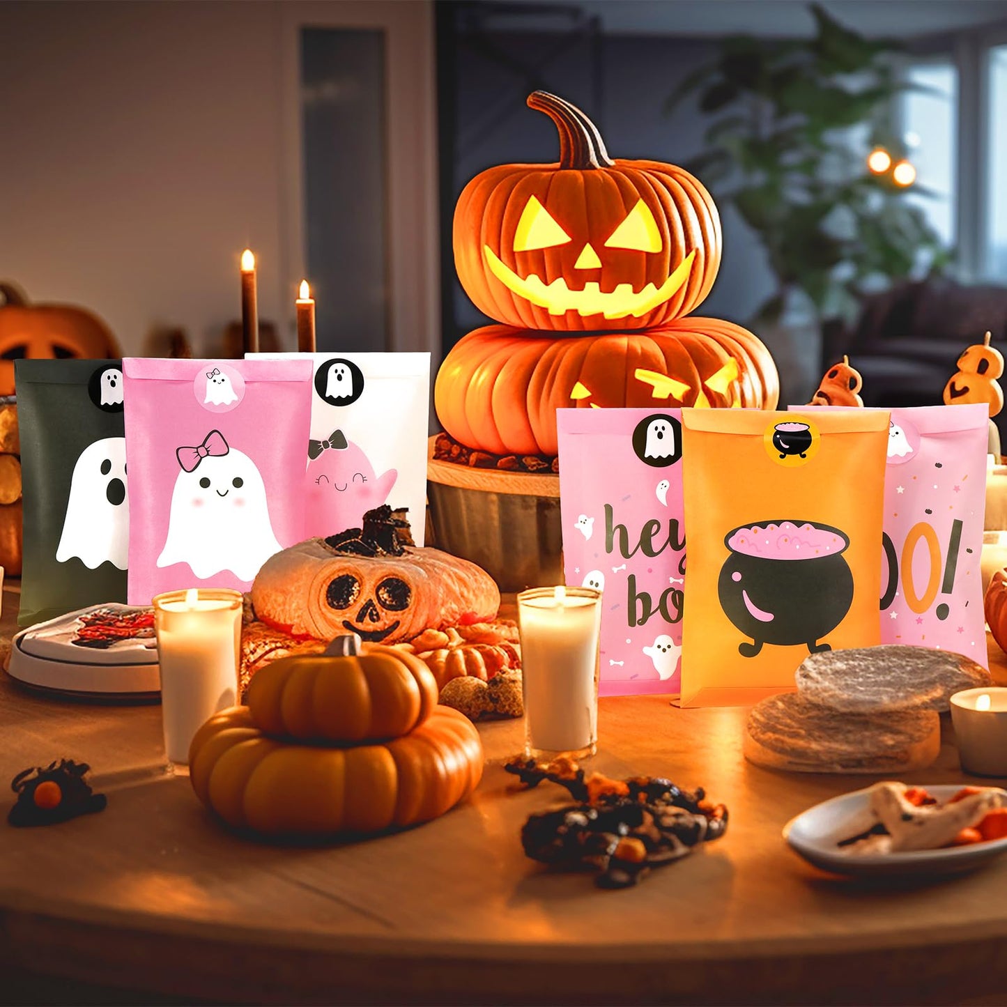 FHzytg 48Pcs Halloween Boo Party Favor Bags, Pink Halloween Ghost Candy Gift Bags for Girl Spooky Birthday Decorations Boo Baby Shower Happy Boo Day Decorations