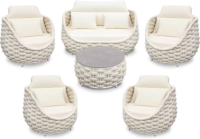 Erotr Sunroom Furniture Sets: 6 Pieces Aluminum Woven Rope Patio Conversation Sofa Set Cushioned - Modern Outdoor Couch Set No Assembly - Armchair Set Porch Deck Garden Poolside Gazebo Hotel - Beige