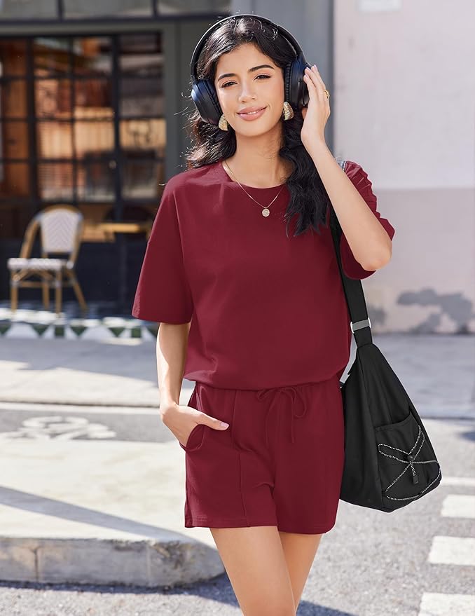 Ekouaer Womens 100% Cotton 2 Pieces Short Sets Summer Short Sleeve Outfits Casual Maching Lounge Set with Pockets