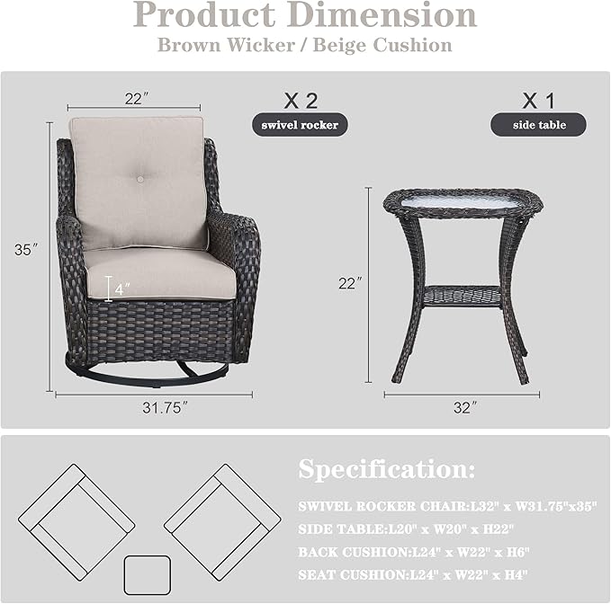 Belord Patio Furniture Set Swivel Rcoker - 3 Pieces Outdoor Glider Rocking Chairs with Small Side Table, Wicker Chair Sets for Porch, Balcony and Garden
