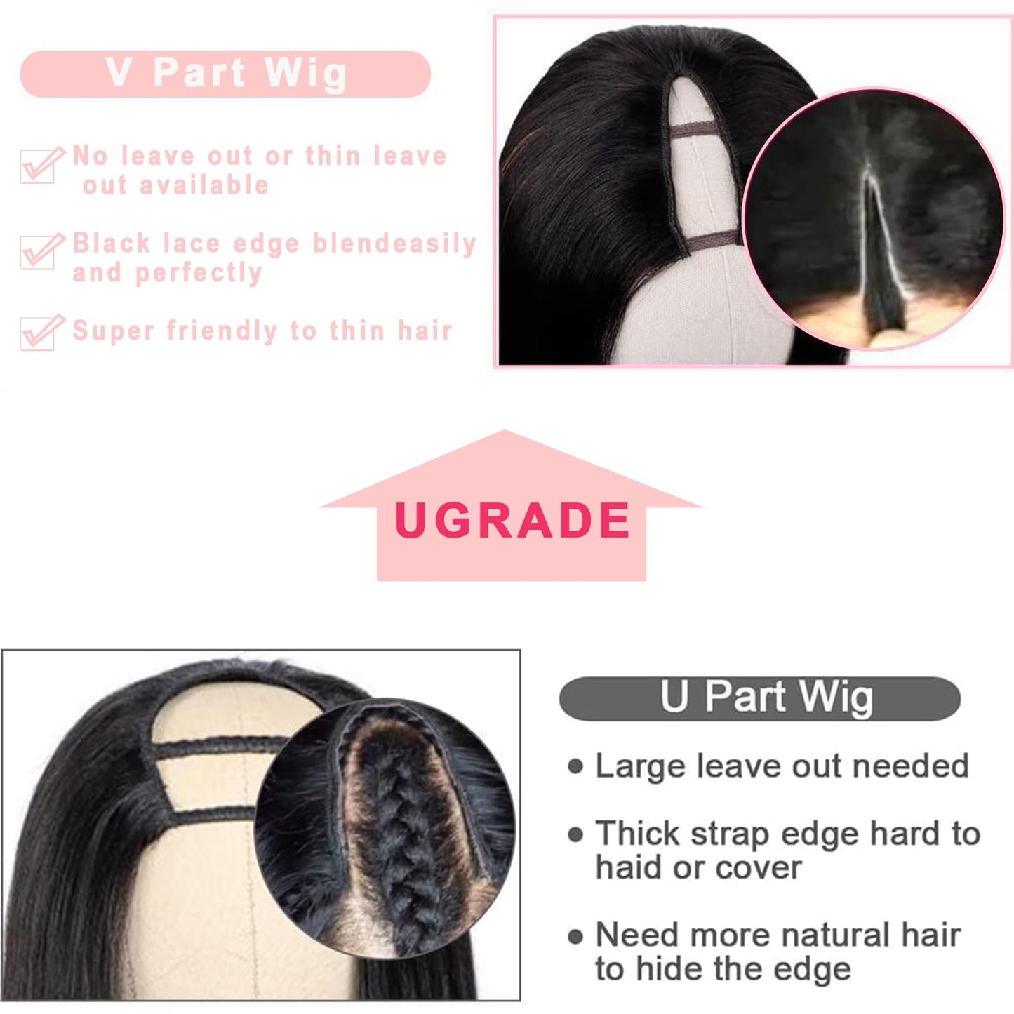V Part Wig Human Hair Kinky Straight Human Hair Wigs Upgrade U Part Human Hair Wig for Women No Leave Out No Sew In 200% Density