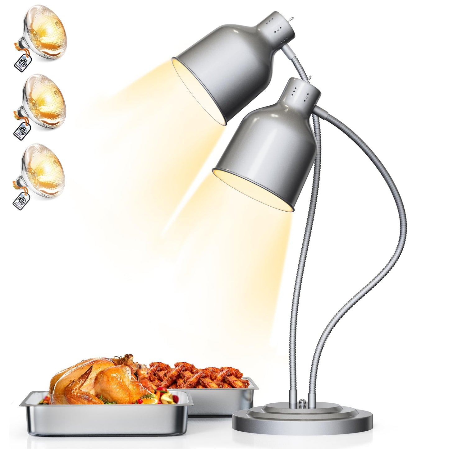 Food Heat Lamp - [3 Bulbs Included] 500W Fast-Heating 2-Head Food Warmer Light, ETL-Certified Heat Lamp for Food, Stainless Steel Heavy Base for Restaurant, Catering, Buffet (Silver)