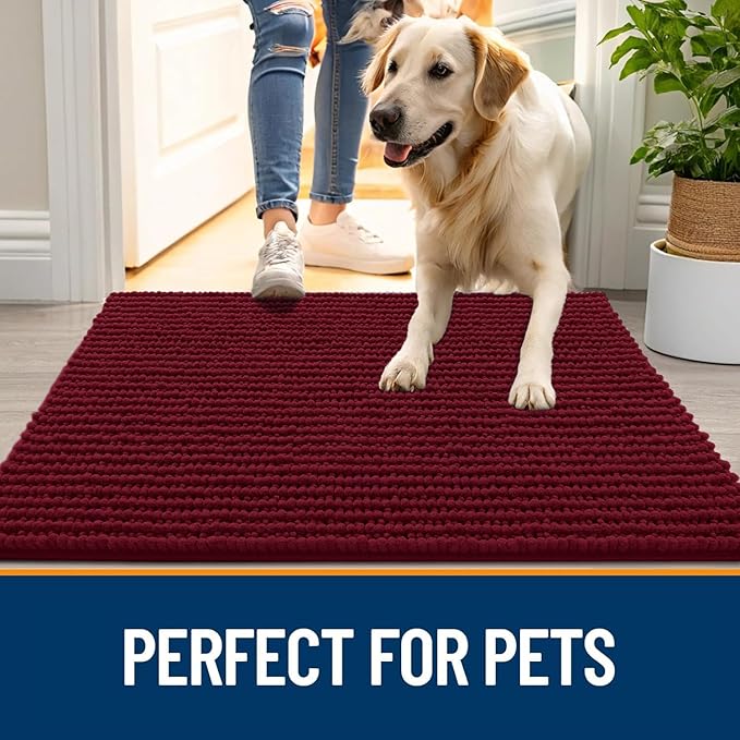 OLANLY Dog Door Mat for Muddy Paws 24x16, Ultra Absorbent Chenille Mud Doormat, Non-Slip Washable and Dirt Trapping Doormat for Indoor Entryway, Quick-Dry Indoor Pet Bed Mats for Dogs, Burgundy