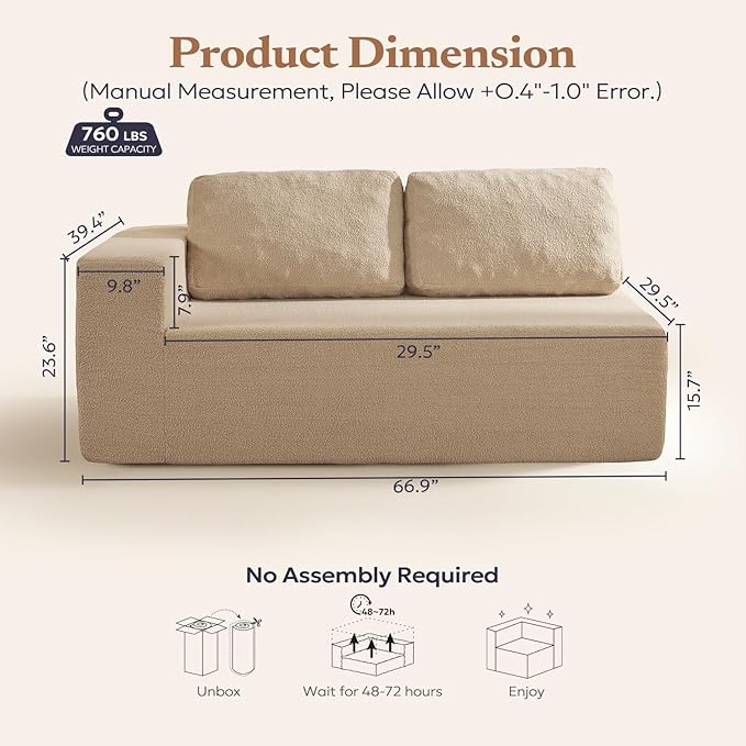 Furnify Loveseat Sofa, Cloud Modular Sofa Couch, Upholstered Floor Sofa with Deep Seat, Upholstered Foam Couch for Bedroom Living Room, No Assembly Required (Teddy Boucle, Camel)