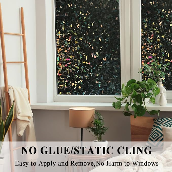 100% Light Blocking Privacy Window Film Blackout 3D Prism Sliding Glass Door Tint Room Darkening Rainbow Static Cling Heat Control Anti UV Removable Cover Decal Contact Paper Home Office,23.6x78.7in.