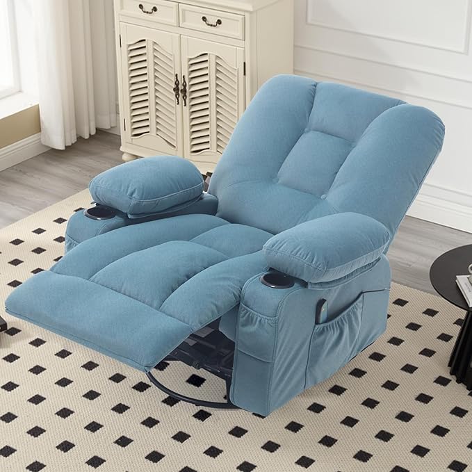 KCREAM Rocker Recliner Chair with Massage & Heat, 360° Swivel Glider Recliner with Cup Holder, Overstuffed Soft Fabric Recliner for Living Room Nursery RV, Blue