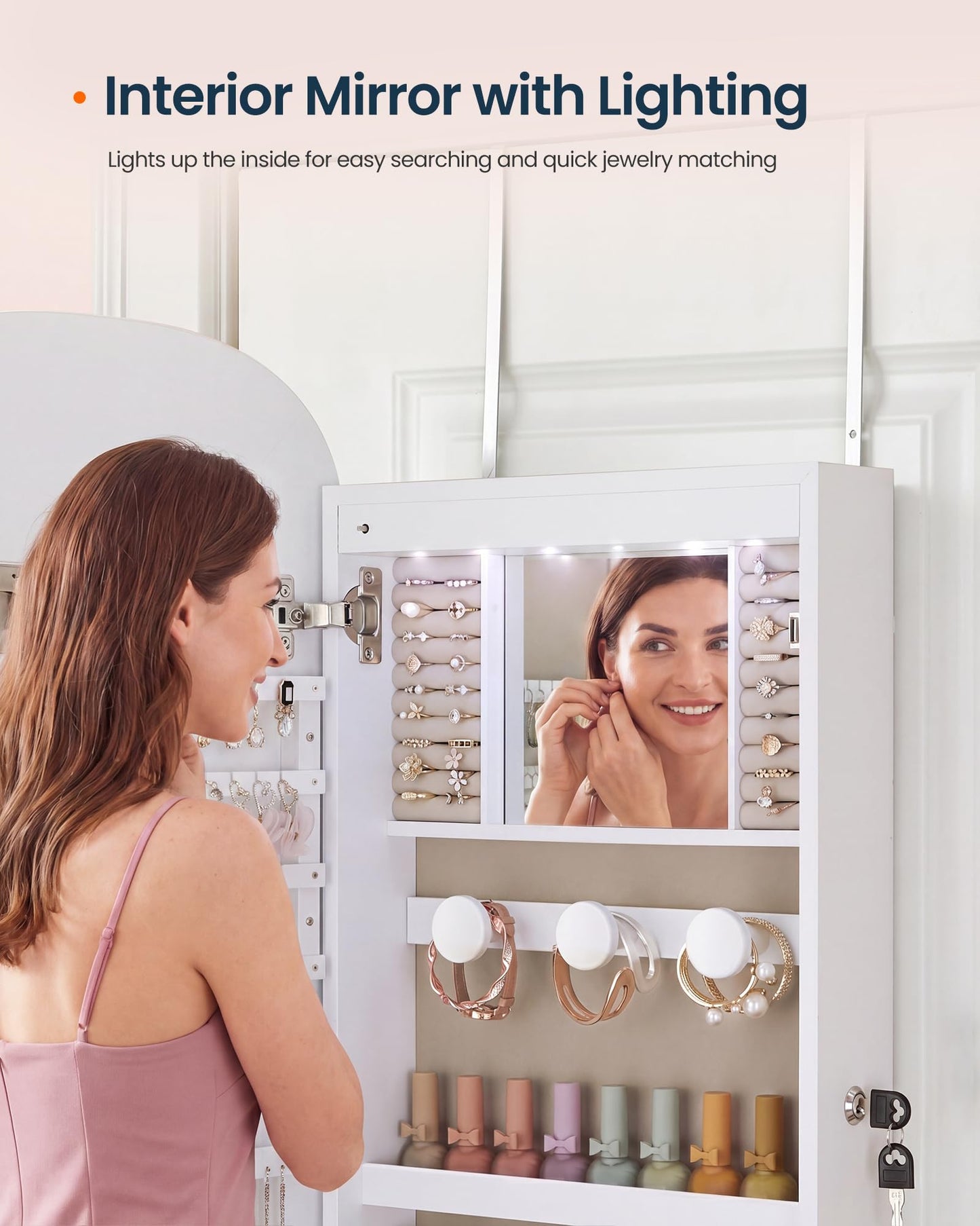 SONGMICS HOME Jewelry Armoire, Mirror Jewelry Cabinet, Full Length Mirror with Storage, Wall or Over The Door Jewelry Organizer Cabinet, Built-in LED, Lockable Armoire, White