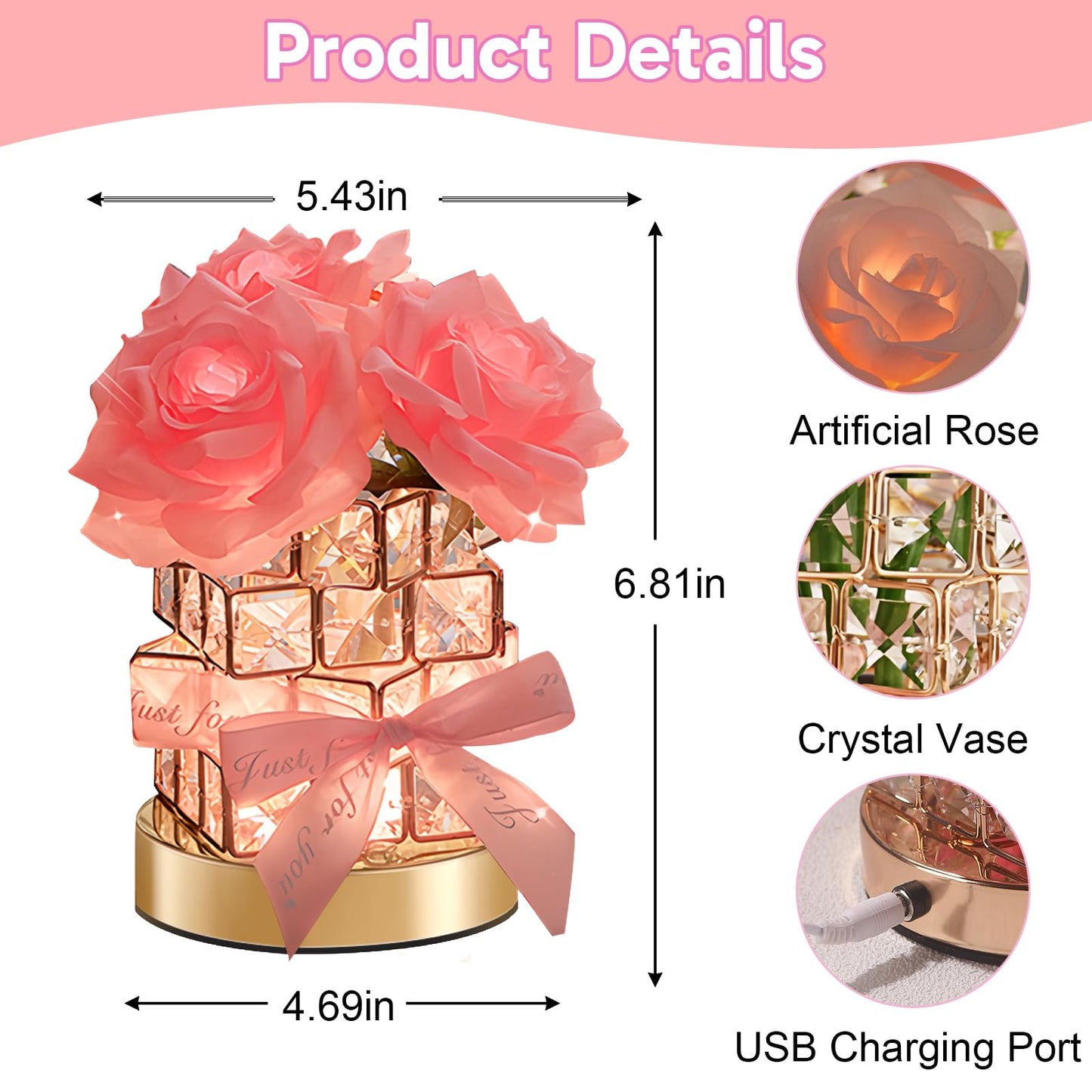 ONXE Forever Rose Gifts for Girlfriend Wife Her Women Mom,Rechargeable Cordless Touch Crystal Table Lamp,3-Colour Infinitely Dimming Small Night Light,Valentine's Day Anniversary Birthday Idea Gift