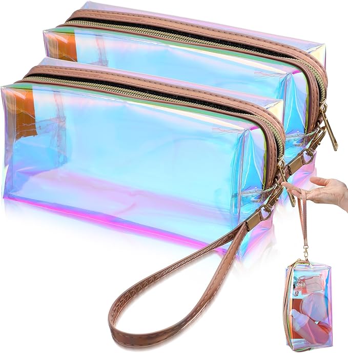 APLZGMG 2 Pcs Clear Iridescent Holographic Makeup Bag, Glitter Travel Cosmetic Pouches with Zipper, Waterproof Toiletry Or...
