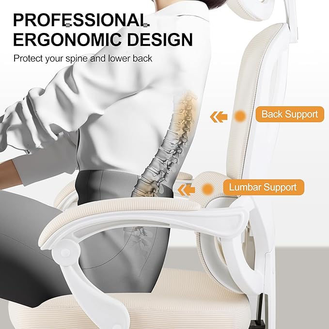 BOWTHY Mesh Ergonomic Office Chair with Footrest,90-135 Comfy Reclining Chairs,Home Office Desk Chair with Adjustable Lumbar Support & Headrest, High Back Computer Chair (Beige)