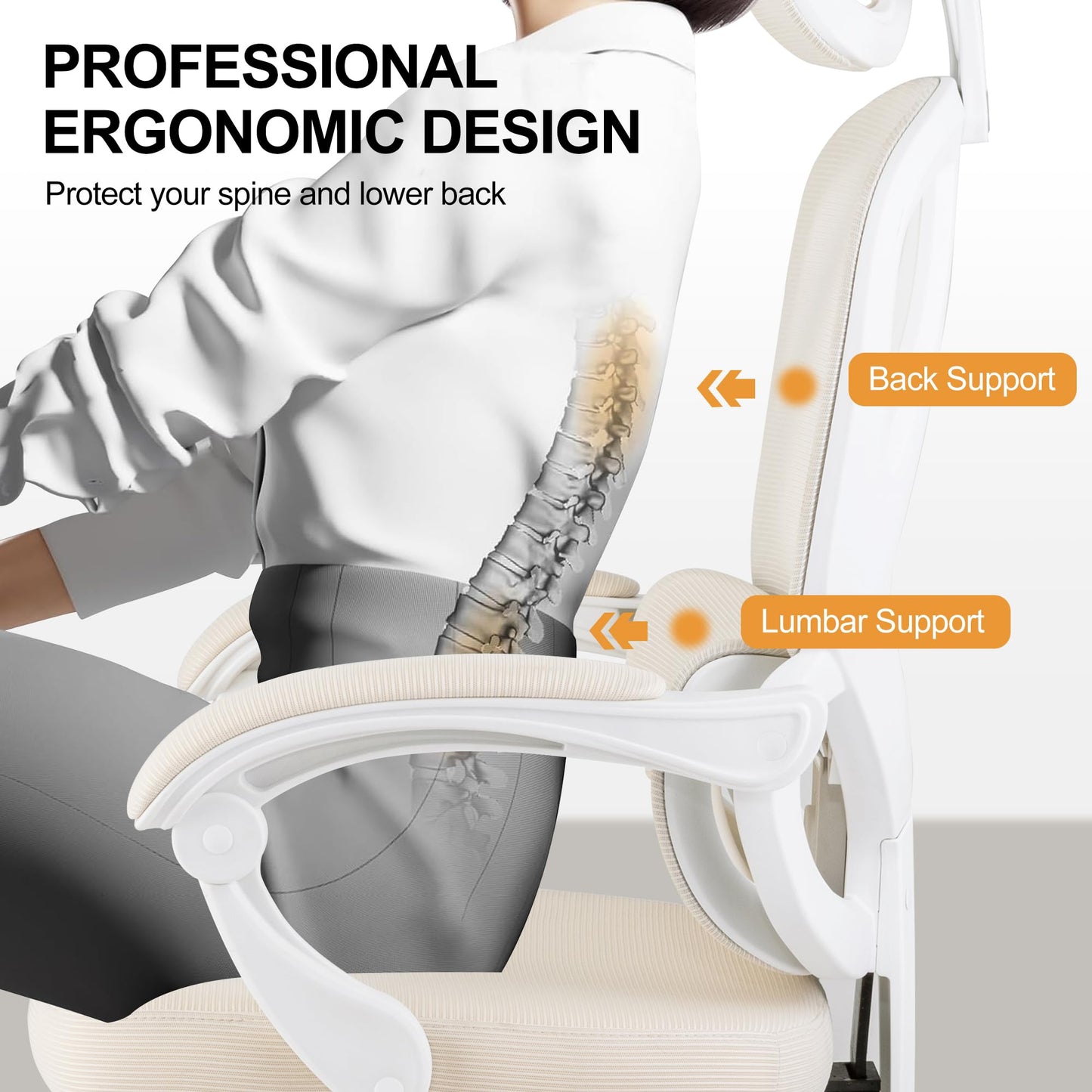 BOWTHY Ergonomic Office Chair with Footrest,90-135 Comfy Reclining Chairs,Home Office Desk Chair with Adjustable Lumbar Support & Headrest,Mesh High Back Computer Executive Chair (Beige)