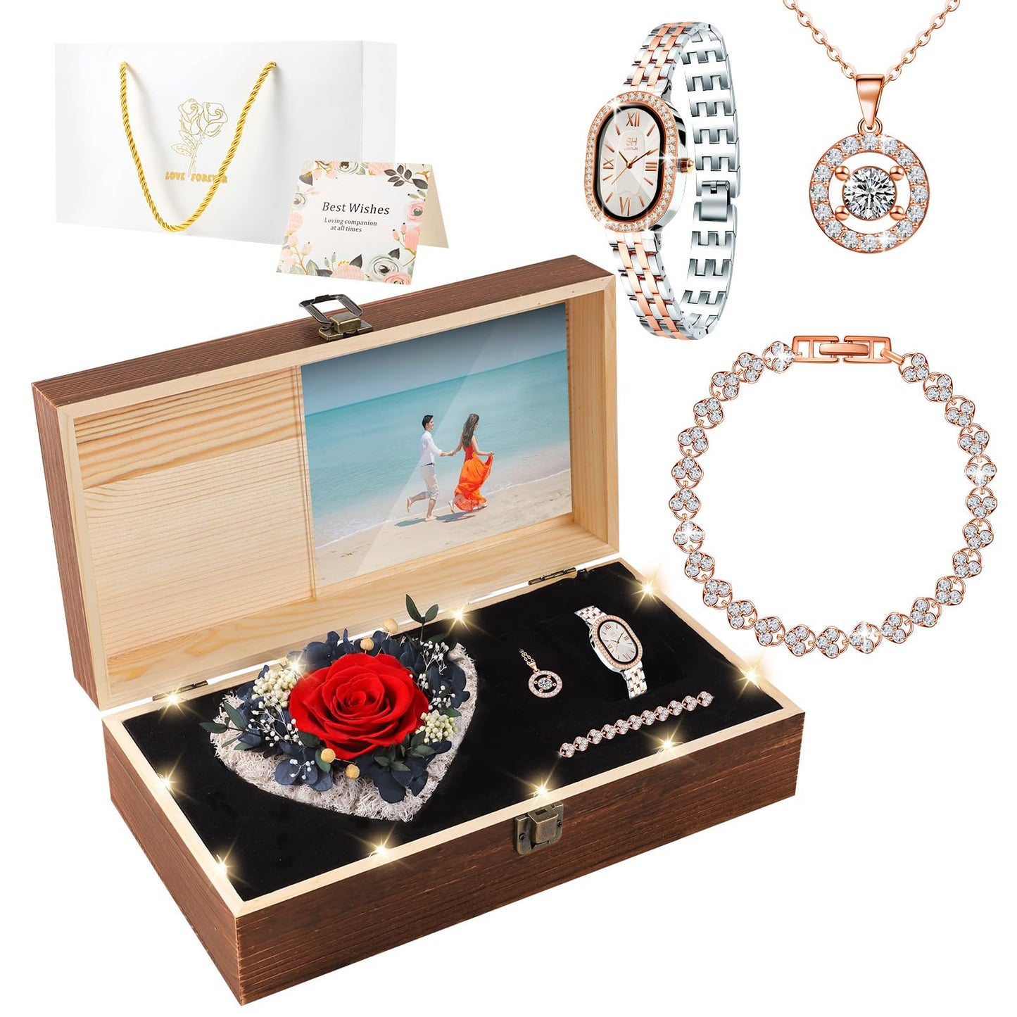 NERCHVO Birthday Gifts for Women - Preserved Roses with Watch Sets Romantic Women's Gifts for Women,Daughters, Sister, Girlfriend on Birthday, Anniversary, Thanksgiving, Christmas - Red