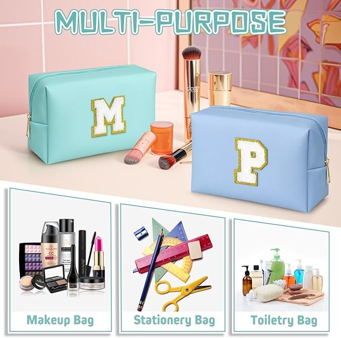 TOPEAST Preppy Makeup Bag, Small Cosmetic Travel Bags for Women, PU Leather Waterproof Toiletry Bag with Zipper, Personalized Birthday Gift for Women Girl, Preppy Gifts for Girl (Blue Z)