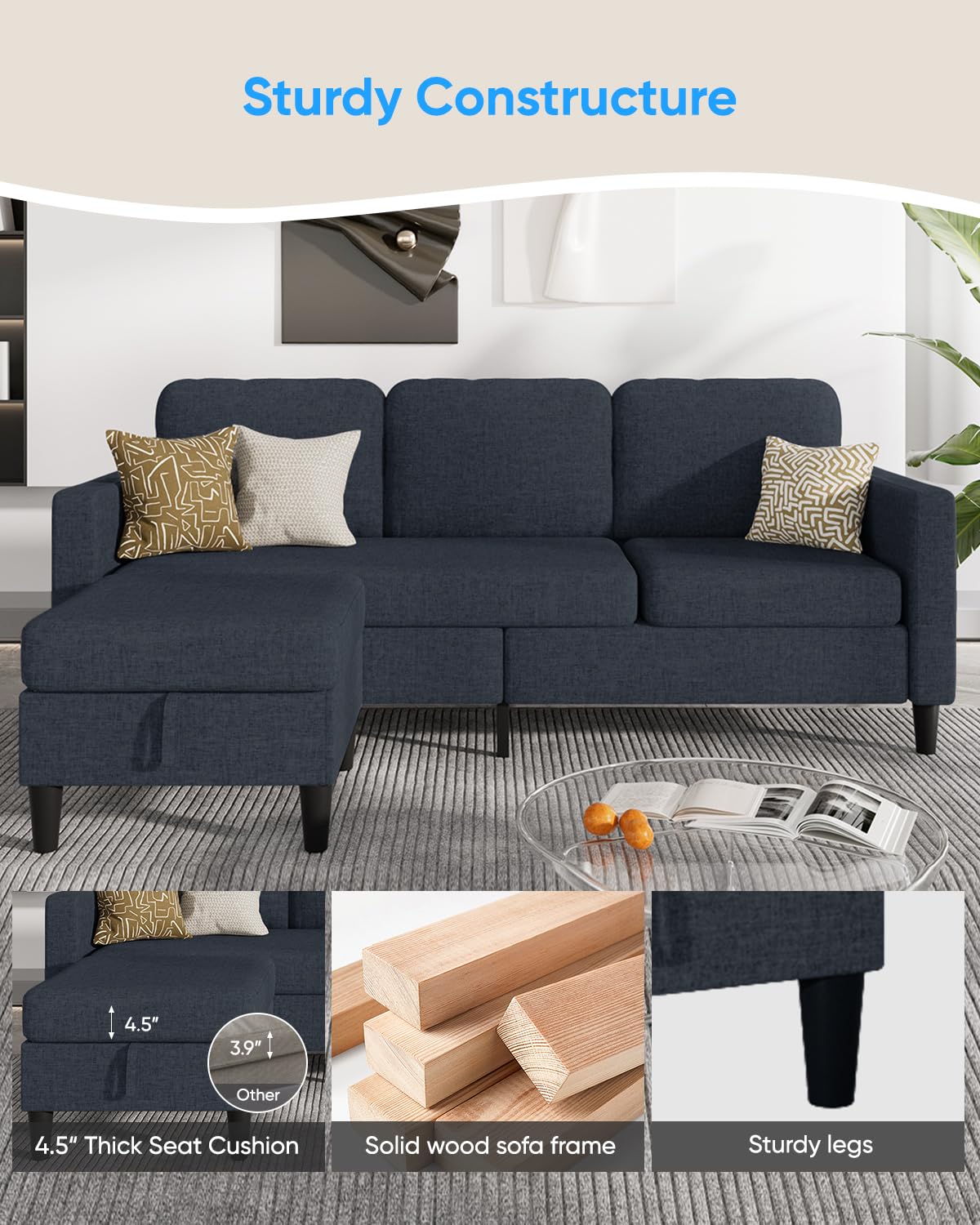 ADOWORE 76 Inch L Shaped Sectional Sofa, Modern 3 Seater Couch with Storage Ottoman, Linen Convertible Sectional L Shape Couches for Living Room, Apartment and Small Space