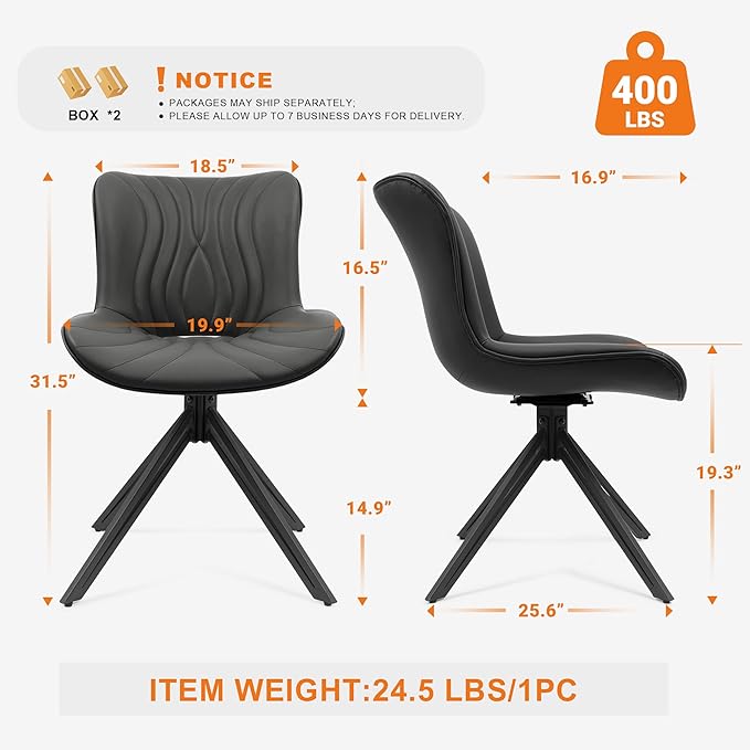 VATROS Dining Chairs Set of 4, 360° Swivel Upholstered Mid-Century Modern Kitchen Dining Room Chairs, Armless Faux Leather Accent Side Chair with Padded Back, Metal Leg, Black