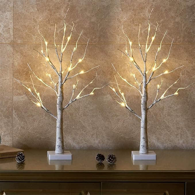 EAMBRITE Lighted Birch Tree Christmas Decorations Indoor for Home, 2Pack 24 LED Battery Operated/USB Tabletop Mini Small A...
