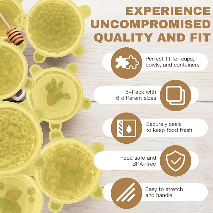 Reusable Silicone Stretch Lids – 18PCS Round & Square Stretchy Food Covers, Airtight & Leakproof, Microwave & Dishwasher Safe Yellow