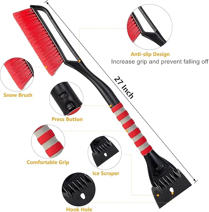 FOVAL 27" Snow Brush with Wider Ice Scraper (4.73" Width), Snow Removal Tool Car Brush with Ergonomic Comfortable Foam Grip for Cars, Trucks, SUVs, Windshield (Heavy Duty ABS, PVC Brush)