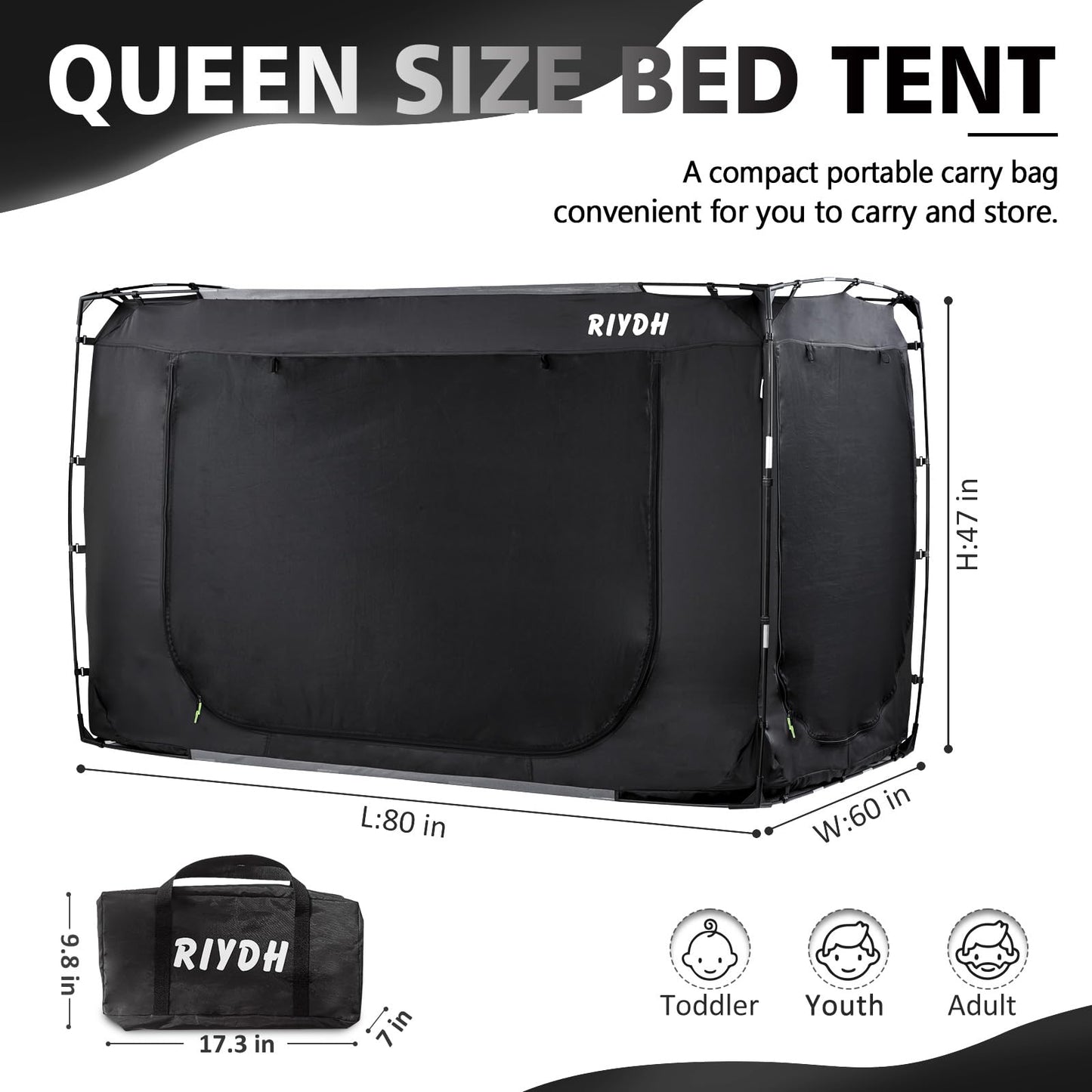RIYDH Bed Tent Bed Canopy Queen Size Tents for Adult and Kids- Original Design Portable Dream Tent Indoor Sleeping Tents 80% Blackout with 3 Doors Breathable Big Space Tents
