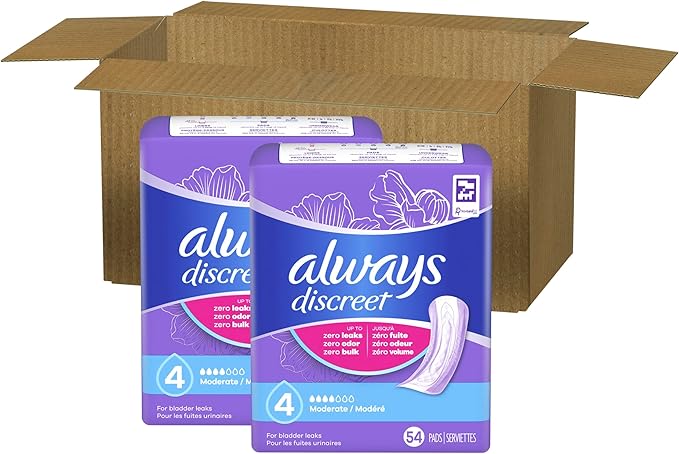 Always Discreet Adult Incontinence Pads for Women, Moderate Absorbency, Regular Length, Postpartum Pads, 108 Count (2 Packs of 54)