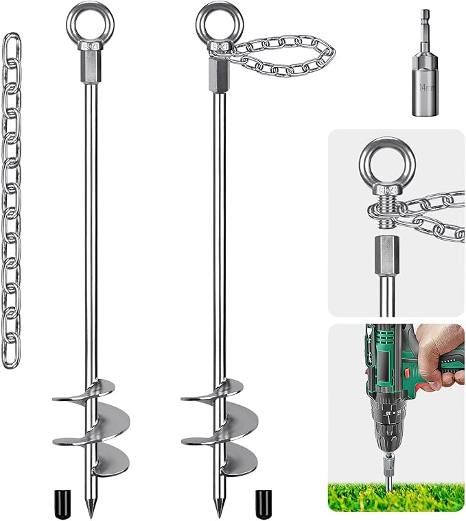 Insaga 30'' Ground Anchors Screw in with Chain, Heavy Duty Trampoline Stakes, 2pcs Trampoline Anchors, Mobile Home Anchors for Camping Tents, Carports, Sheds, Swing Sets