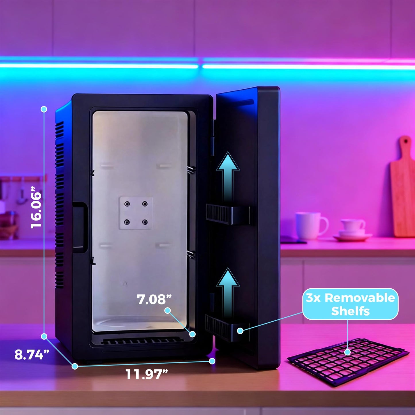 Mini Fridge, iceBlue 24 Display Modes Adjustable LED Light Gaming Mini Fridge, 10 Liter /4 Bottles Wine Fridge, Wine Cooler, Skincare Fridge with Remote Control for Bedroom, Office, Dorm, Gift (Black)