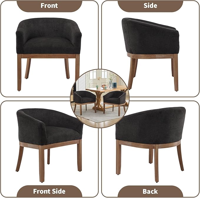 Shenyon Mid Century Modern Dining Chairs with Arms, Upholstered Linen Fabric Dining Room Chairs with Solid Wood Legs, Comfy Barrel Accent Chairs for Dining Room, Living Room, or Cafe,Black