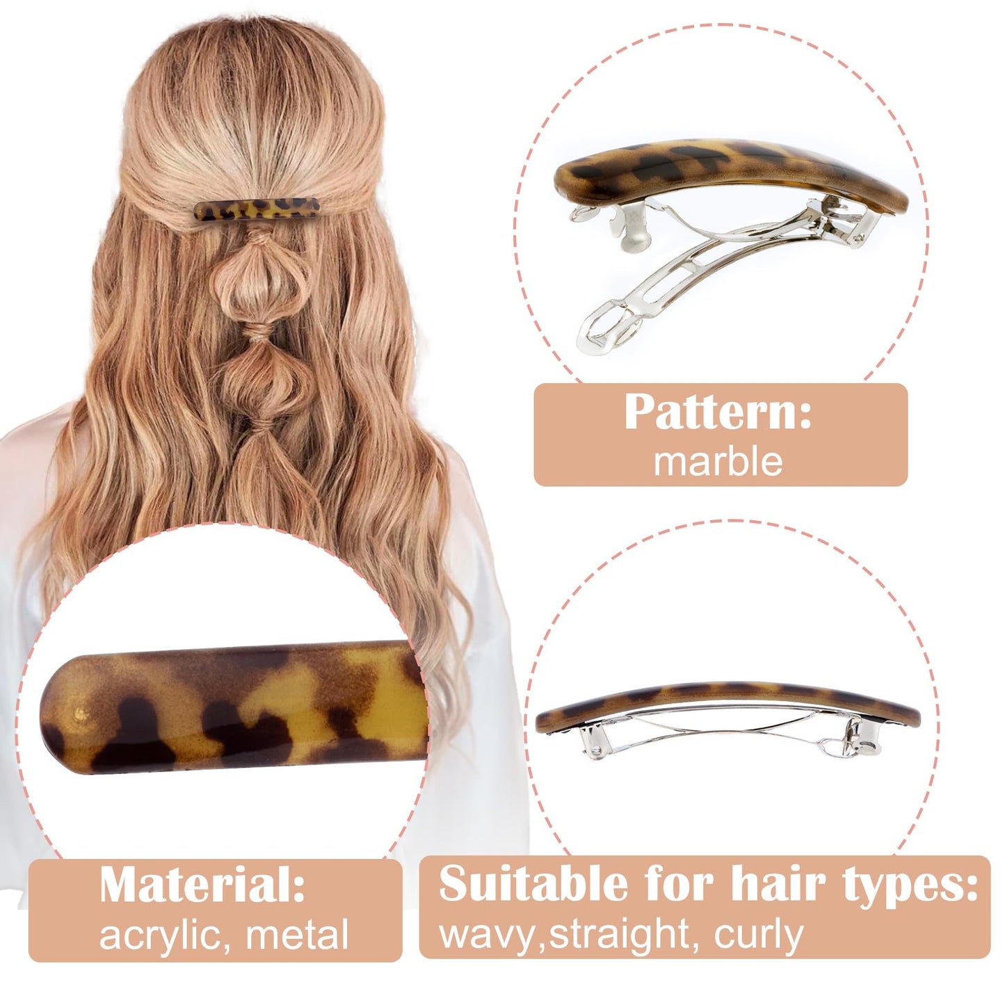 STSTR 4PCS French Barrette Hair Clips for Women, 2.48 Inch Small Tortoise Shell Hair Clip, Curved Glossy Thin Hair Flat Hair Acc