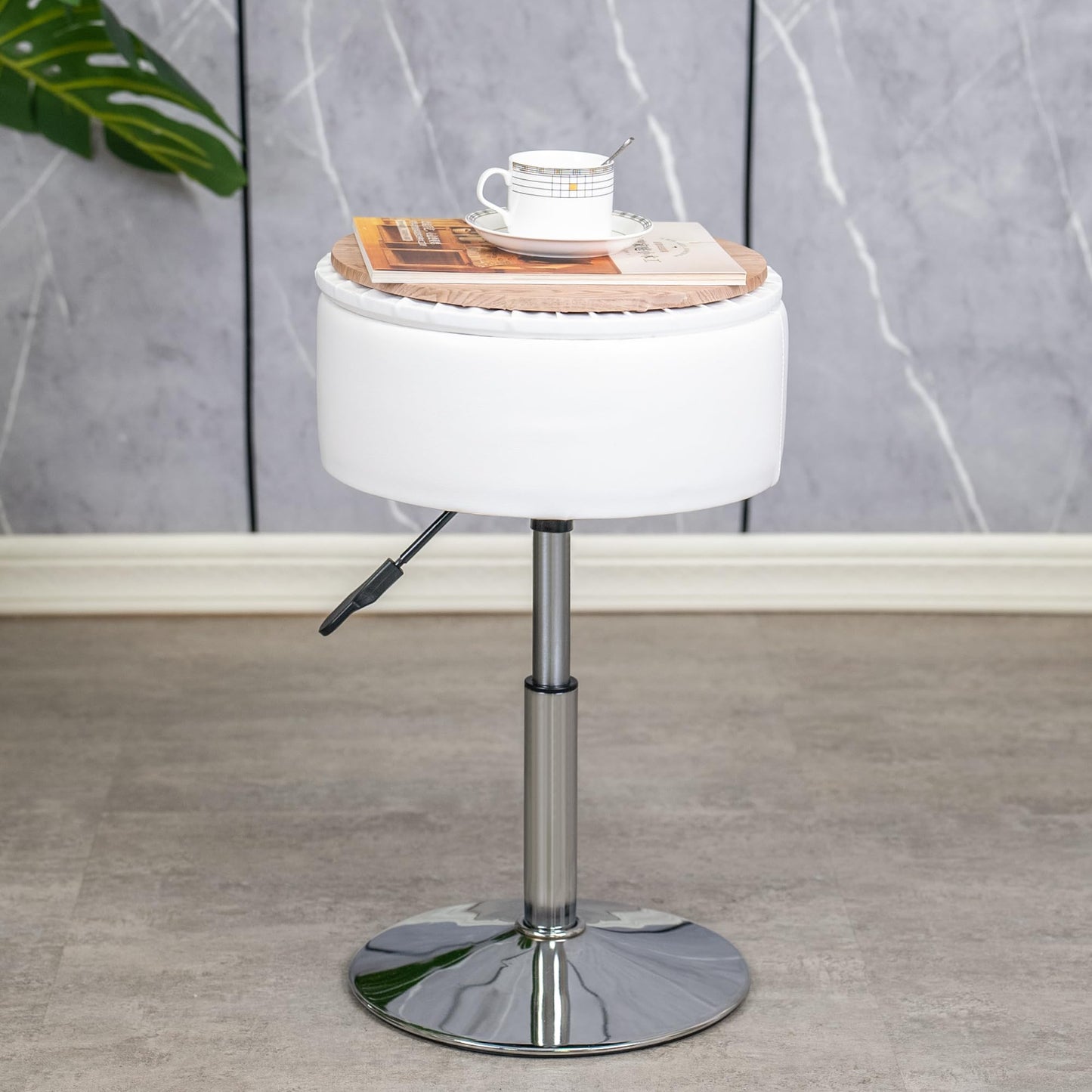 LITZFUR Vanity Stool for Makeup Room, Round Storage Ottoman Height Adjustable Leather Vanity Chair, 360° Swivel Footrest for Living Room Bedroom, White