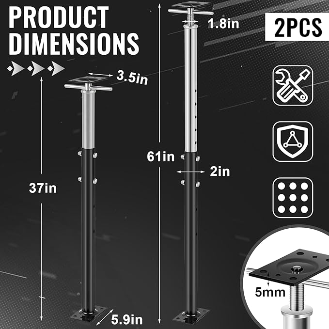 Yaocom 2 Pcs Adjustable Jack Post, 37"-61" Height Range, Basement Floor House Screw Jacks for Lifting Joist Beam Brace for Cellar Ceiling, Center Point Load Capacity 11023 Lbs, Black