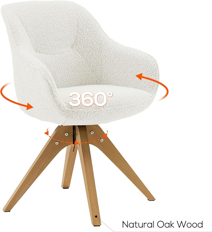 Art Leon Dining Chair - Mid Century Modern Boucle Fabric Swivel Dining Room Chair with Natural Oak Wood Legs, Leisure Side Chair with Arms for Living Room, White
