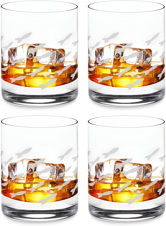 Wine Savant Old Fashion Drinking Glasses - Fish Wine Glasses for White & Red Wine, Whiskey or Water - Individually Sand Et...