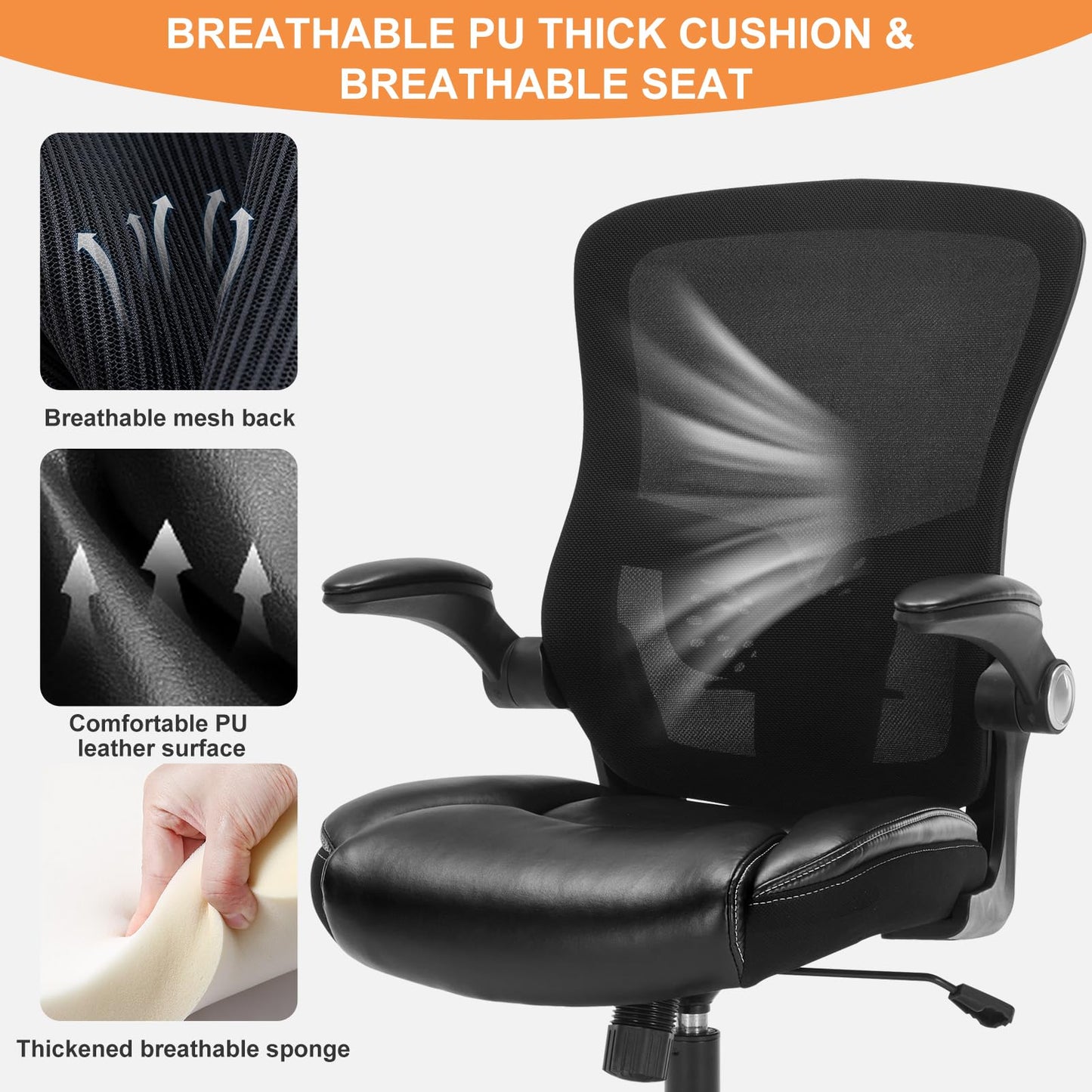 Ergonomic Office Chair, Adjustable Flip-Up Armrest Desk Chair with Lumbar Support, 360° Swivel Breathable Mesh Computer Chair, Adjustable Height Executive High Back Office Chair for Home Office