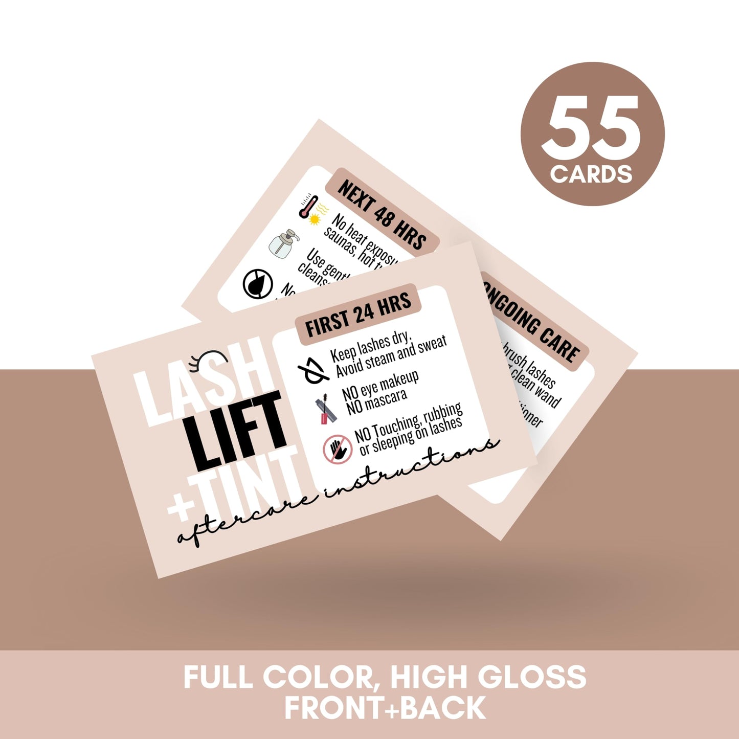 Tats4now Cute Modern Lash Lift and Tint Aftercare Cards - 55 Cards - Full Color High Gloss Front and Back - Perfect for Lash Art