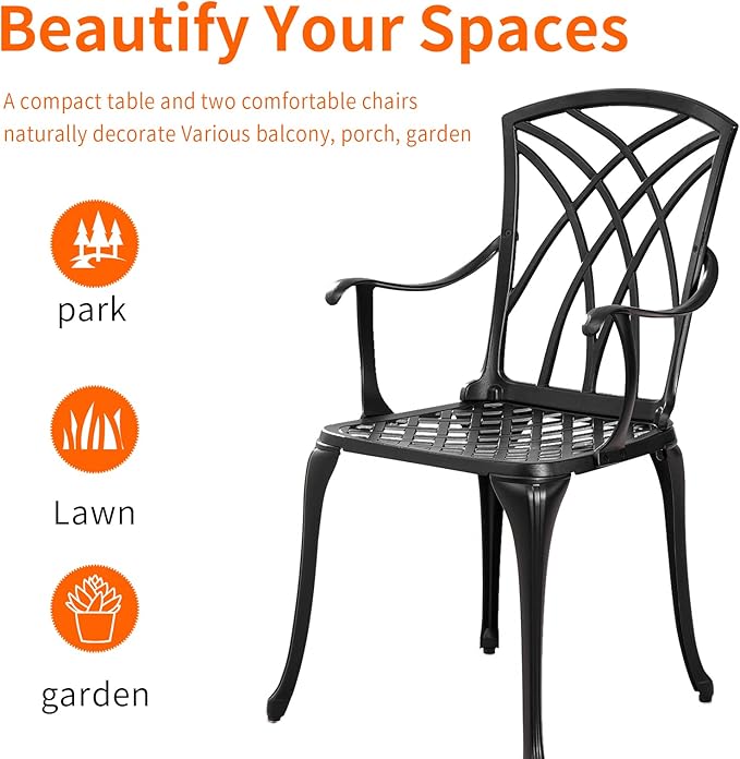 Withniture Bistro Set 3 Piece Outdoor,Cast Aluminum Outdoor Bistro Set,All Weather Bistro Table and Chairs Set of 2 with 1.97" Umbrella Hole,Patio Bistro Sets for Garden(Woven Black)