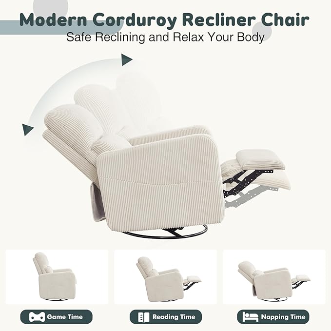 AEMEIOS Swivel Rocker Recliner, Oversized Manual Nursery Glider Rocking Recliner Chair with Removable Cushion, Upholstered Swivel Reclining Chair for Nursery Living Room Bedroom, Corduroy White