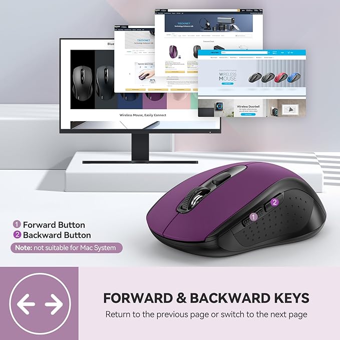 TECKNET Bluetooth Mouse, 4000DPI Wireless Mice for Laptop 2-in-1(BT 5.0/3.0+2.4Ghz) Computer Portable PC Mouse Wireless with USB Receiver for Mac (USB-A+Bluetooth, Purple)