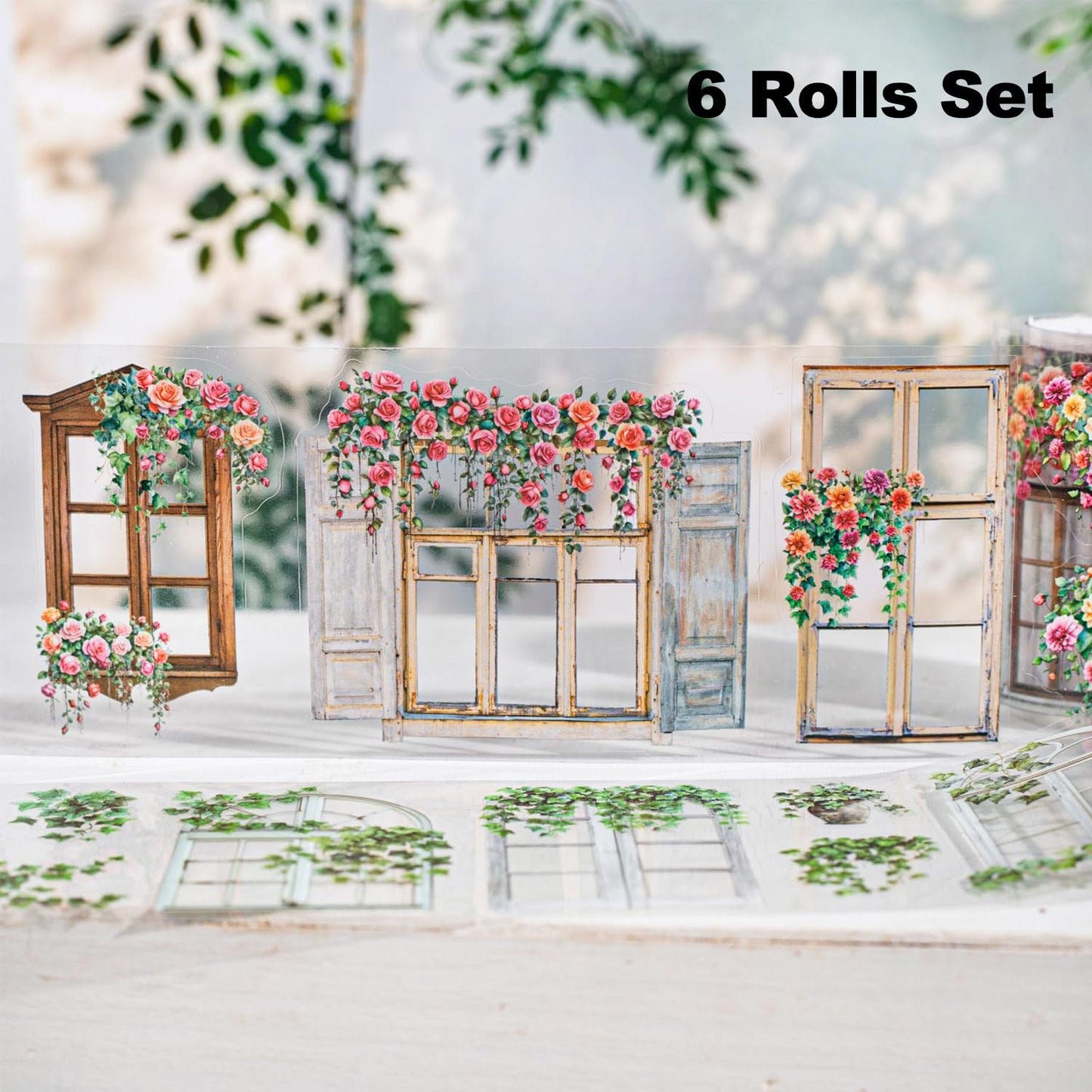 Vine Window Pre-Cut PET Tape Set, 6 Rolls Nature-Inspired Floral Scrapbooking Supplies for Journaling, DIY Crafts, and Junk Journal