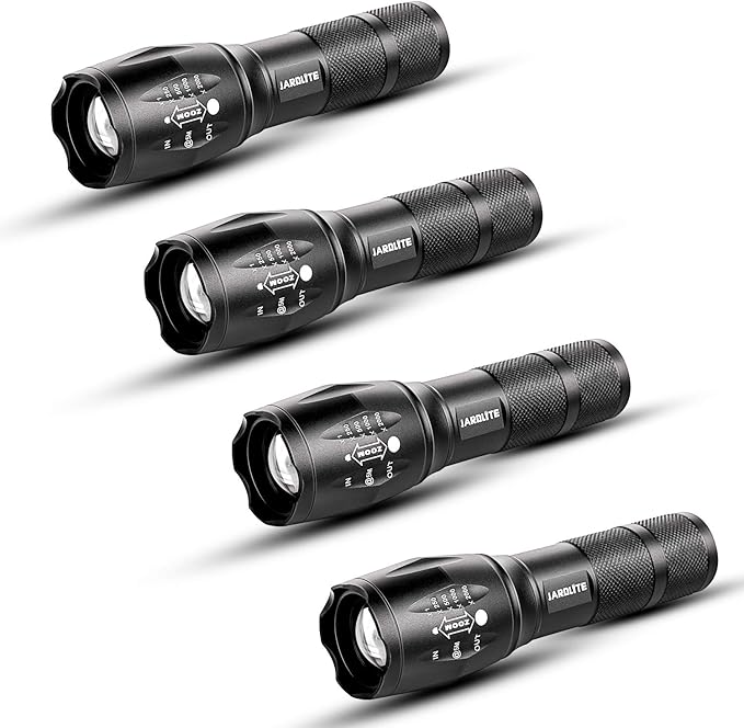 JARDLITE LED Emergency Handheld Flashlight, 4 Pack, Adjustable Focus, Water Resistant with 5 Modes, Best Tactical Torch fo...