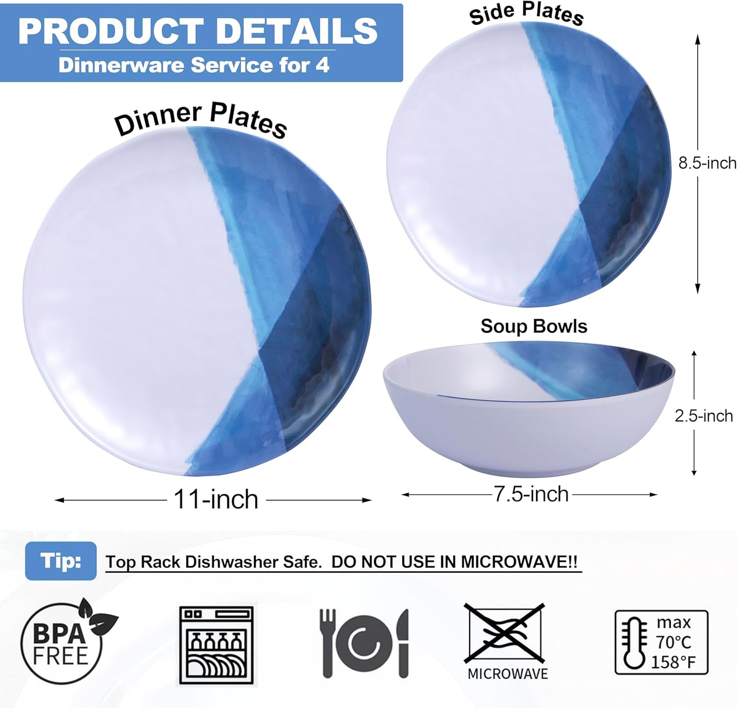 Melamine Plates and Bowls Set - 12pcs Dinnerware Dishes Set for 4, Dinner Plates for Indoor and Outdoor Use, Lightweight Break-resistant, Blue & White