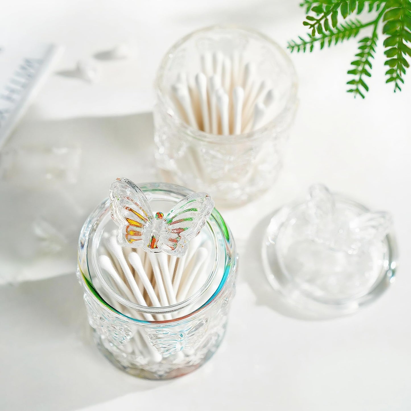 kanpura Qtip Holder Glass Apothecary Jars with Lid for Bathroom Decor Makeup Storage Canister for Cotton Swabs, Balls, Pads, Floss Picks, Candy, Jewelry, 7 OZ, 2 Pack, Clear