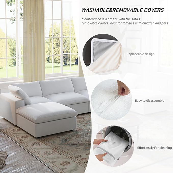 160.6" Cloud Modular Sectional Sofa with Storage Ottomans, V Shaped Minimalist Sofa Couch, Convertible Couch Deep Seat for Living Room Sets,Covers Washable&Replaceable,White