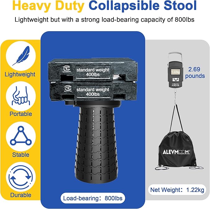 ALEVMOOM Upgraded 18.1" XL Collapsible Stool with Cushion, Portable Folding Stools for Adults Capacity 800lbs, Lightweight Telescoping Stool for Camping Travel Fishing Hiking