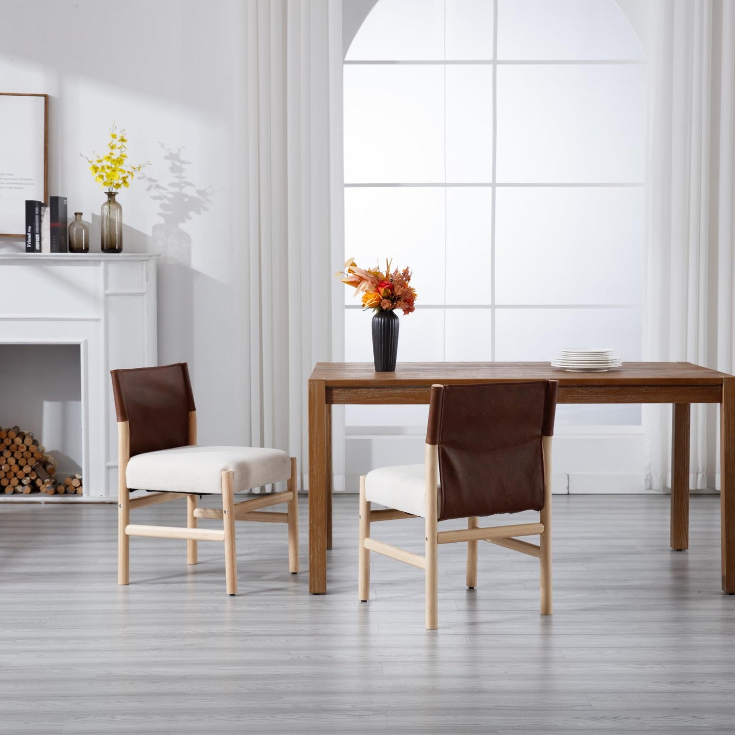 RIVOVA Modern Dining Room Chairs Set of 2, Farmhouse Upholstered Fabric Kitchen Chairs with Leather Back, Wooden Side Armless Chair for Kitchen and Dining, Beige Linen