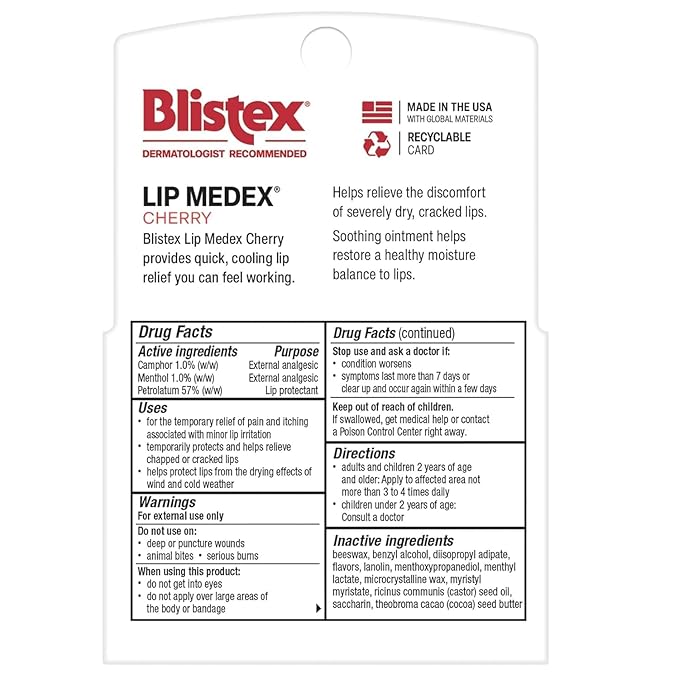 Blistex Cherry Lip Medex, 2 Count, 0.35 oz Each, Advanced Hydration, Medicated Relief with Cooling, Soothes and Protects, Restores Healthy Moisture Balance to Lips, 2 Pack