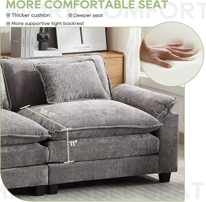 Oprisen 154" Modular Sectional Sofa, Comfy Cloud Couch Sectional Sofa with Ottoman, Chenille Sofa Sleeper Deep Seat Sofa with Throw Pillows for Living Room (Light Gray, 154"- U Shape)