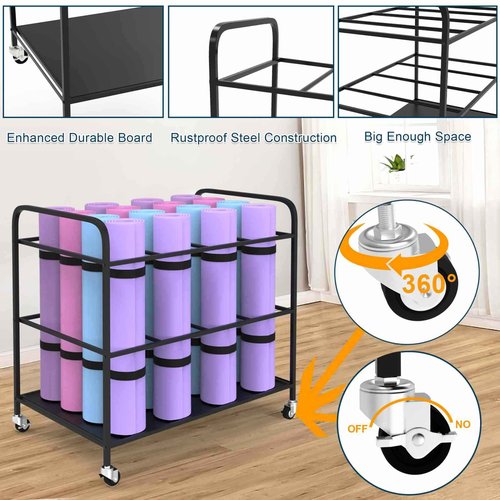 MOUMISS Yoga Mat Rack Storage Cart Basket Home Gym Storage Organizer Rack Equipment Weight Rack for Yoga Block, Foam Roller, Resistance Band, Dumbbell, Kettlebell (Black)