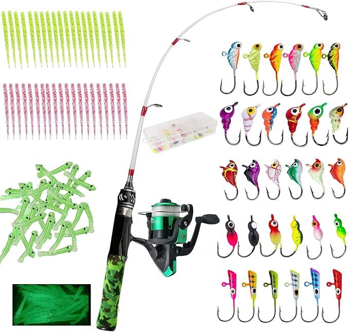 Generic 122Pcs Ice Fishing Rod Reel Combo, 24" Medium Light Ice Fishing Rod Kit with Ice Fishing Jigs, Lures for Trout, Wa...